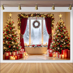 Lofaris Festlicher Weihnachtshintergrund mit beleuchteten Weihnachtsbäumen und roten Vorhängen, winterliche Kulisse für Fotoshooting