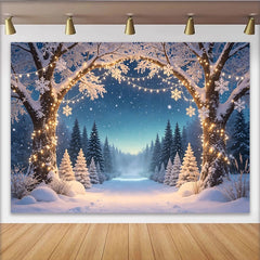 Lofaris Schneebedeckter Winterwald Weihnachts-Hintergrund mit Lichterketten und Schneeflocken, magische Kulisse für Fotoshooting