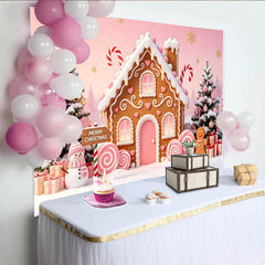 Lofaris Rosa Lebkuchenhaus Weihnachts-Hintergrund mit Schneemann und Bäumen, winterliche Fotokulisse für festliche Fotoshootings