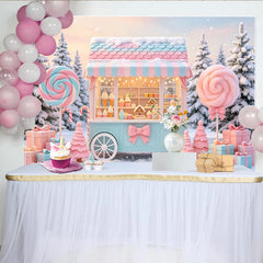 Lofaris Rosa Blauer Weihnachts-Süßigkeitenstand Hintergrund mit Schnee, verträumte Kulisse für Winter-Feierlichkeiten und Fotoshootings