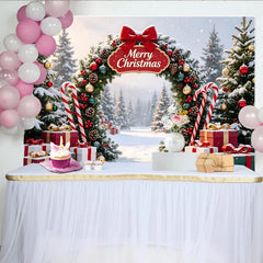 Lofaris Winterlicher Weihnachtshintergrund mit Merry Christmas Bogen und Geschenken, festliche Winterlandschaft Fotokulisse für Fotoshootings