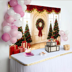Lofaris Festlicher Weihnachtshintergrund mit Tannenbäumen und Geschenken, rote Dekoration für festliche Fotografie und Winterparty