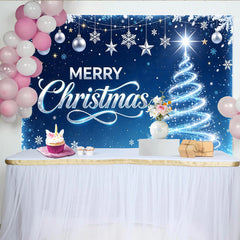 Lofaris Blauer Weihnachtshintergrund mit leuchtendem Baum und Sternen, festliche Fotokulisse für Winterparty und Familienfotos