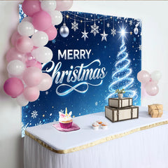 Lofaris Blauer Weihnachtshintergrund mit leuchtendem Baum und Sternen, festliche Fotokulisse für Winterparty und Familienfotos