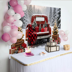 Lofaris Weihnachtlicher Roter Truck Hintergrund im verschneiten Wald, festliche Fotowand für Winterfotos und Partydekoration