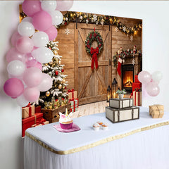 Lofaris Rustikaler Weihnachtsbaum Kamin Hintergrund mit Geschenken und Lichterketten, gemütliche festliche Fotokulisse für Fotoshooting