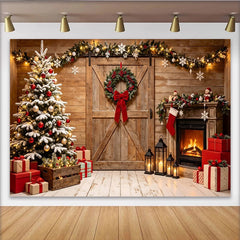 Lofaris Rustikaler Weihnachtsbaum Kamin Hintergrund mit Geschenken und Lichterketten, gemütliche festliche Fotokulisse für Fotoshooting