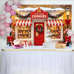 Lofaris Festlicher Weihnachtsbäckerei Hintergrund mit Lebkuchen und Schnee, winterliche Ladenfront Kulisse für Fotografie und Partydeko