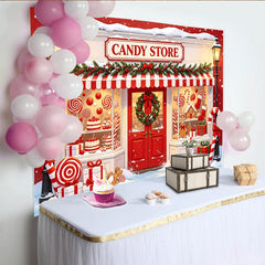 Lofaris Festlicher Weihnachts-Süßigkeitenladen-Hintergrund mit Lebkuchen und Zuckerstangen, winterliche Kulisse für Partyfotos