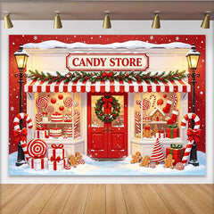 Lofaris Festlicher Weihnachts-Süßigkeitenladen-Hintergrund mit Lebkuchen und Zuckerstangen, winterliche Kulisse für Partyfotos