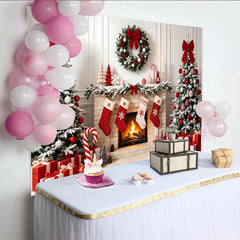 Lofaris Schneebedeckter Weihnachts-Hintergrund mit Kamin und roten Kugeln, festliche Fotowand für Familienfotos und Partydekoration