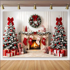 Lofaris Schneebedeckter Weihnachts-Hintergrund mit Kamin und roten Kugeln, festliche Fotowand für Familienfotos und Partydekoration
