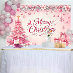 Lofaris Rosa Merry Christmas Weihnachts-Hintergrund mit Baum und Geschenken, festliche Fotowand für Winterparty Dekoration