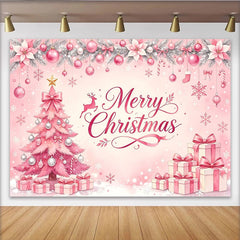 Lofaris Rosa Merry Christmas Weihnachts-Hintergrund mit Baum und Geschenken, festliche Fotowand für Winterparty Dekoration