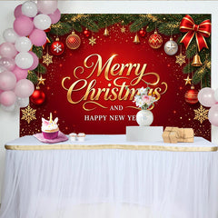 Lofaris Roter Weihnachts- und Neujahrshintergrund mit goldener Schrift und Tannenzweigen, funkelnde festliche Kulisse für Partydekoration