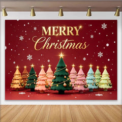 Lofaris Goldener Merry Christmas Hintergrund mit bunten Weihnachtsbäumen und Schneeflocken, festliche Kulisse für Fotoshooting