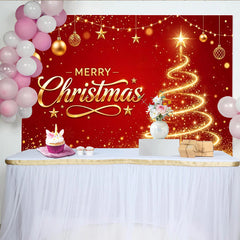 Lofaris Festlicher Weihnachts-Hintergrund rot gold mit leuchtendem Baum und "Merry Christmas", funkelnde Kulisse für festliche Familienfotos