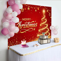 Lofaris Festlicher Weihnachts-Hintergrund rot gold mit leuchtendem Baum und "Merry Christmas", funkelnde Kulisse für festliche Familienfotos