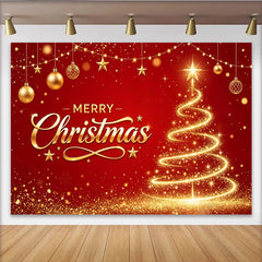 Lofaris Festlicher Weihnachts-Hintergrund rot gold mit leuchtendem Baum und "Merry Christmas", funkelnde Kulisse für festliche Familienfotos