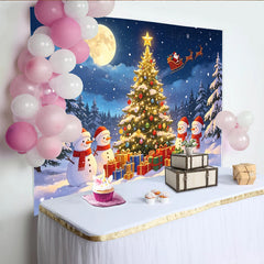 Lofaris Magischer verschneiter Weihnachtshintergrund mit Christbaum und Schneemännern, festliche Kulisse für Winterfotos und Weihnachtsfeiern