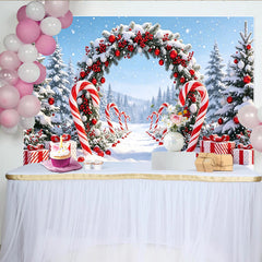 Lofaris Festlicher Weihnachtshintergrund mit Zuckerstangen und Geschenken, verschneite Winterlandschaft Kulisse für festliche Fotoshootings