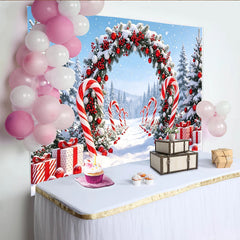 Lofaris Festlicher Weihnachtshintergrund mit Zuckerstangen und Geschenken, verschneite Winterlandschaft Kulisse für festliche Fotoshootings