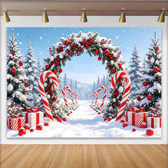Lofaris Festlicher Weihnachtshintergrund mit Zuckerstangen und Geschenken, verschneite Winterlandschaft Kulisse für festliche Fotoshootings