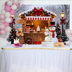 Lofaris Festlicher Weihnachts-Hintergrund mit Schneemann und Heißkakao-Stand, gemütliche Winterkulisse für Fotoshooting und Party