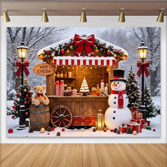 Lofaris Festlicher Weihnachts-Hintergrund mit Schneemann und Heißkakao-Stand, gemütliche Winterkulisse für Fotoshooting und Party