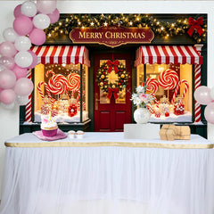 Lofaris Festlicher Weihnachtshintergrund Süßigkeitenladen mit roten Zuckerstangen, bezaubernde Schaufensterdekoration für Fotoshootings
