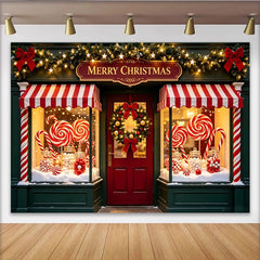 Lofaris Festlicher Weihnachtshintergrund Süßigkeitenladen mit roten Zuckerstangen, bezaubernde Schaufensterdekoration für Fotoshootings