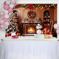 Lofaris Klassischer Weihnachtshintergrund mit Baum Kamin und Geschenken, gemütliche Fotowand für festliche Weihnachtsdekoration