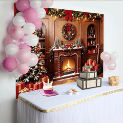 Lofaris Klassischer Weihnachtshintergrund mit Baum Kamin und Geschenken, gemütliche Fotowand für festliche Weihnachtsdekoration
