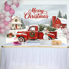 Lofaris Roter Oldtimer-Truck Weihnachts-Hintergrund mit Merry Christmas Schriftzug, winterliche Fotokulisse für festliche Dekoration