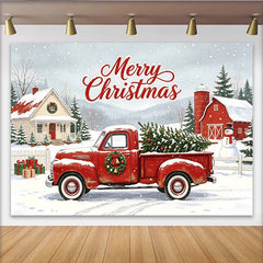 Lofaris Roter Oldtimer-Truck Weihnachts-Hintergrund mit Merry Christmas Schriftzug, winterliche Fotokulisse für festliche Dekoration