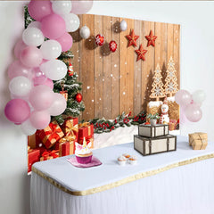 Lofaris Festlicher Weihnachtshintergrund mit Weihnachtsbaum Geschenken und Schnee, rustikale Holzwand Kulisse für Winter Fotografie