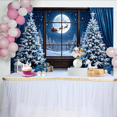 Lofaris Blauer Weihnachtshintergrund mit Santa, Vollmond und verschneiten Bäumen, festliche Fotokulisse für Winterfotoshootings und Dekoration