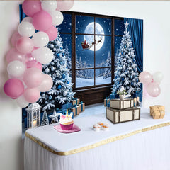 Lofaris Blauer Weihnachtshintergrund mit Santa, Vollmond und verschneiten Bäumen, festliche Fotokulisse für Winterfotoshootings und Dekoration