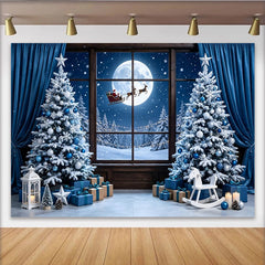 Lofaris Blauer Weihnachtshintergrund mit Santa, Vollmond und verschneiten Bäumen, festliche Fotokulisse für Winterfotoshootings und Dekoration