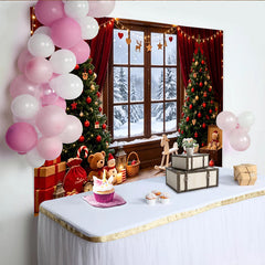 Lofaris Gemütlicher Weihnachtszimmerhintergrund mit Bäumen und Geschenken, festliche Fotokulisse für Winterdekoration