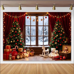 Lofaris Gemütlicher Weihnachtszimmerhintergrund mit Bäumen und Geschenken, festliche Fotokulisse für Winterdekoration