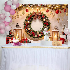Lofaris Festlicher Weihnachtshintergrund mit Kranz Lichterkette und Geschenken, winterliche Kulisse für Familienfotos Party