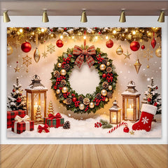 Lofaris Festlicher Weihnachtshintergrund mit Kranz Lichterkette und Geschenken, winterliche Kulisse für Familienfotos Party