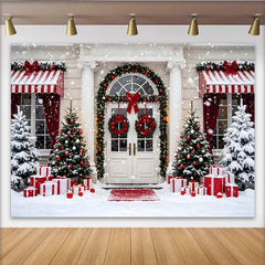 Lofaris Verschneiter Weihnachtshintergrund mit Tannenbäumen und roten Schleifen, festliche Fotokulisse für Familienfotos und Winterdekoration