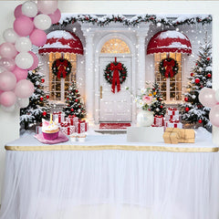 Lofaris Winterlicher Weihnachtshintergrund mit Schnee und Geschenken vor der Haustür, festliche Fotowand für Familienfotoshooting