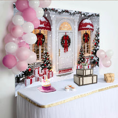 Lofaris Winterlicher Weihnachtshintergrund mit Schnee und Geschenken vor der Haustür, festliche Fotowand für Familienfotoshooting