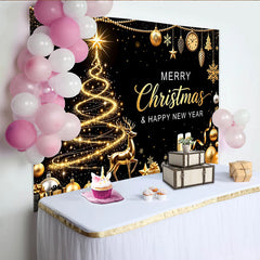 Lofaris Eleganter schwarz-goldener Weihnachts-Neujahrshintergrund mit funkelndem Baum und Hirsch, festliche Kulisse für Partydekoration