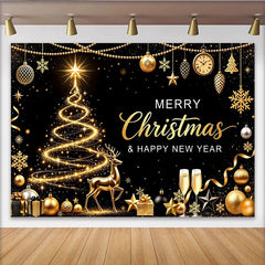 Lofaris Eleganter schwarz-goldener Weihnachts-Neujahrshintergrund mit funkelndem Baum und Hirsch, festliche Kulisse für Partydekoration