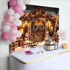 Lofaris Rustikaler Weihnachtsscheunen-Hintergrund mit Schneemännern und Lichterketten, festliche Winterkulisse für Fotoshooting