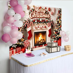 Lofaris Festlicher Weihnachtshintergrund mit Kamin und Tannenbäumen, gemütliche Fotokulisse für Familienfotos und Partydekoration